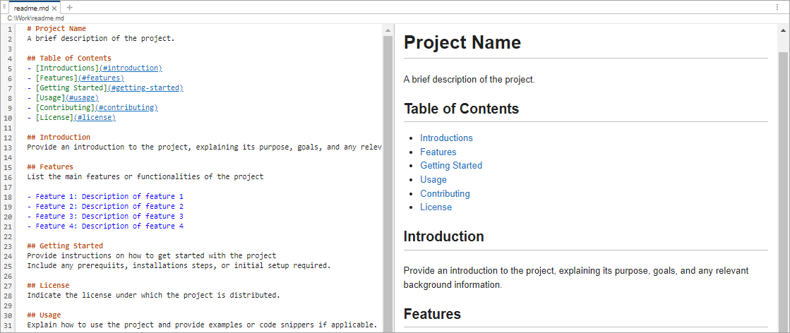 Markdown file readme.md with markdown for a title, section headers, and a bulleted list. To the right of the file is a preview of the file showing the formatted title, section headers, and bulleted list.