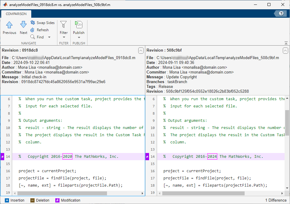 Comparison report showing details for compared files such as tags and branches.