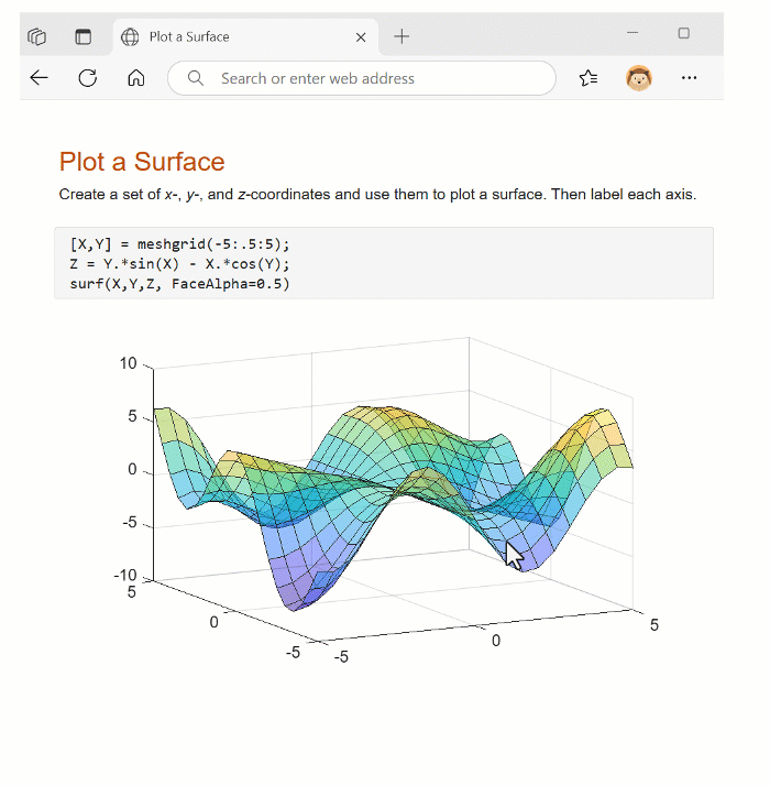 Webpage displaying the contents of a live script, including an interactive web canvas.