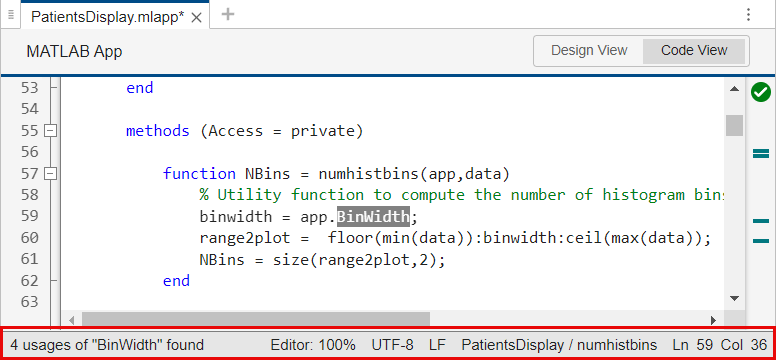 App Designer app open in Code View. The status bar at the bottom of the app shows information such as the number of usages of the highlighted text, the name of the function the cursor is in, and the line number of the cursor.