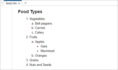 Live script showing a multilevel list of food types, including vegetables, fruits, grains, and nuts and seeds