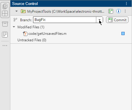 Source Control panel with a drop-down list next to the Branch field