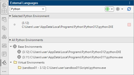 External Languages panel showing the selected Python environment as well as a list of all Python environments. The panel includes options to select an external language, add environments, manage settings, and refresh the panel view.