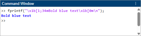 Command Window displaying bold blue text output from fprintf with ANSI escape codes