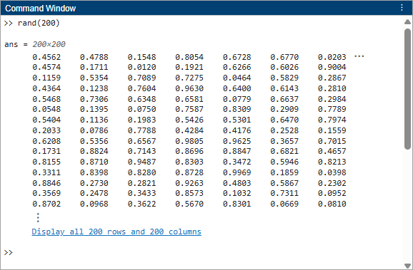 Command Window showing a truncated 200-by-200 matrix with a link to display all rows and columns