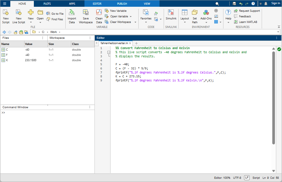 MATLAB desktop configured with a custom layout. The Files and Workspace panels are open and tiled on the left with the Command Window underneath them. The Editor is open in the middle of the desktop."
