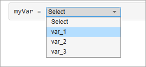 Variable selector expanded to show three variables, var_1, var_2, and var_3. The variable selector is assigned to the variable myVar.