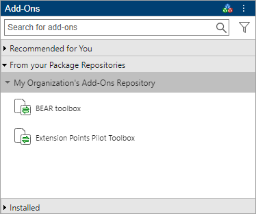 Add-Ons panel with a search box and a From your Package Repositories section showing three add-ons in a group named My Add-Ons