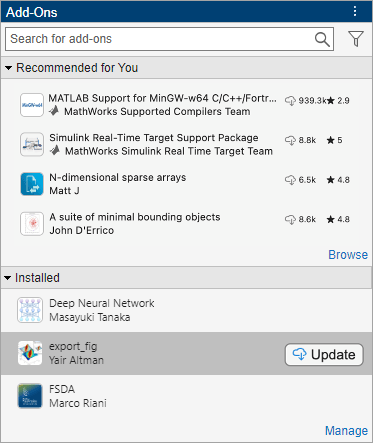 Add-Ons panel with a search box, a Recommended for You section with several recommended add-ons, and an Installed section with three installed add-ons. The second installed add-on has an Update button next to it.