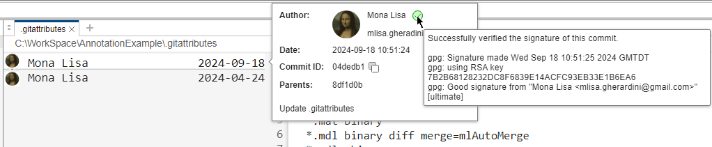 Avatar and verification icon in the line annotation of a file in the MATLAB Editor