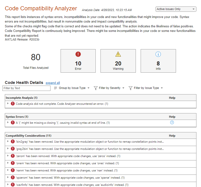 Code Compatibility Analyzer interface from R2023b, with a summary of code issues at the top and a grouped and filtered list of issues at the bottom
