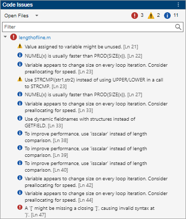 Code Issues panel showing 3 errors, 2 warnings, and 11 info messages found in the lengthofline.m file