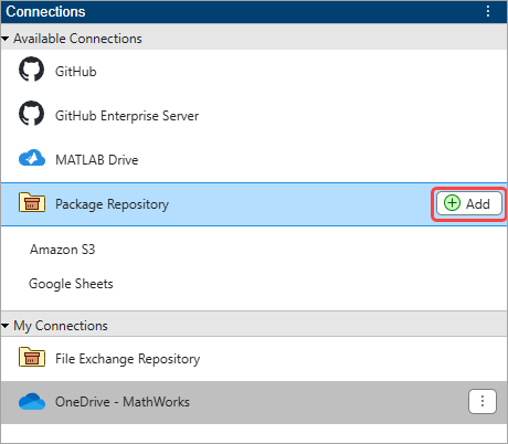Connections panel with an Available Connections section and a My Connections section. The Available Connections section shows a Package Repository connection and an Add button to the right of the connection. The My Connections section of the panel shows MATLAB Drive and OneDrive connections.
