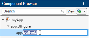 App Designer Component Browser. The "app.EditField" tree node is highlighted and the text "EditField" is selected and editable.
