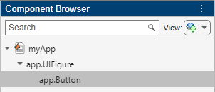 App Designer Component Browser. The browser displays a tree with a top-level node labeled "myApp", a child labeled "app.UIFigure", and another nested child labeled "app.Button".