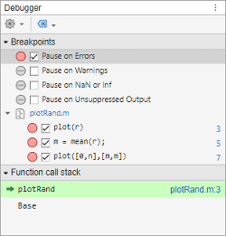 Debugger panel showing a breakpoints section and a function call stack section. The breakpoints section shows Pause on Errors enabled, as well as three enabled breakpoints in a code file