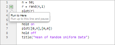 Script with nine lines of code and the run to here button displayed on line two.