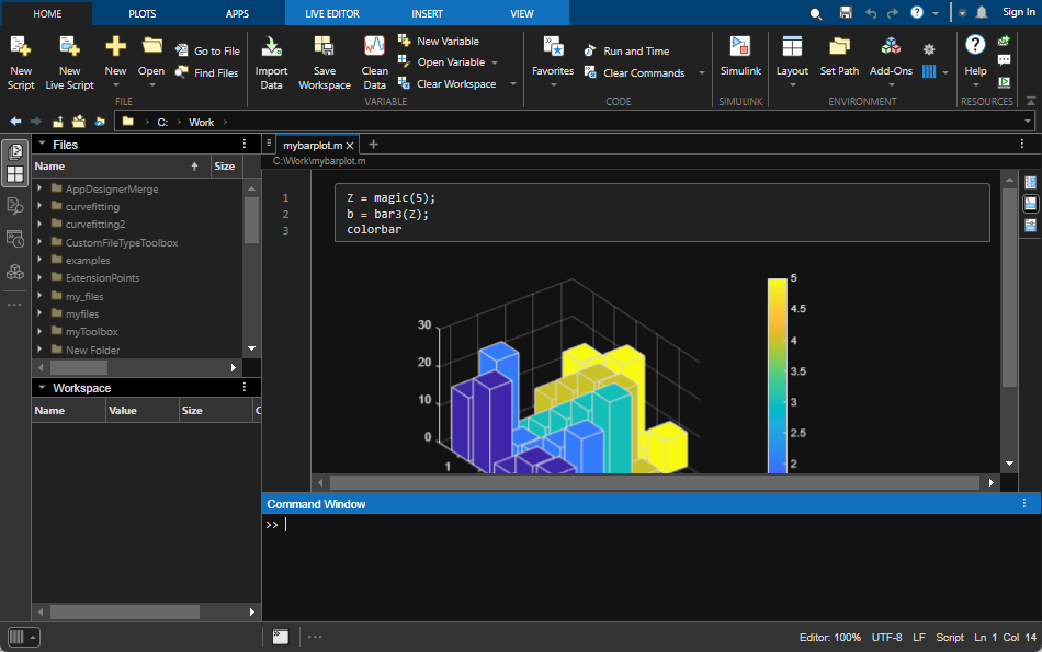 MATLAB desktop with all panels displayed with a dark background and light text