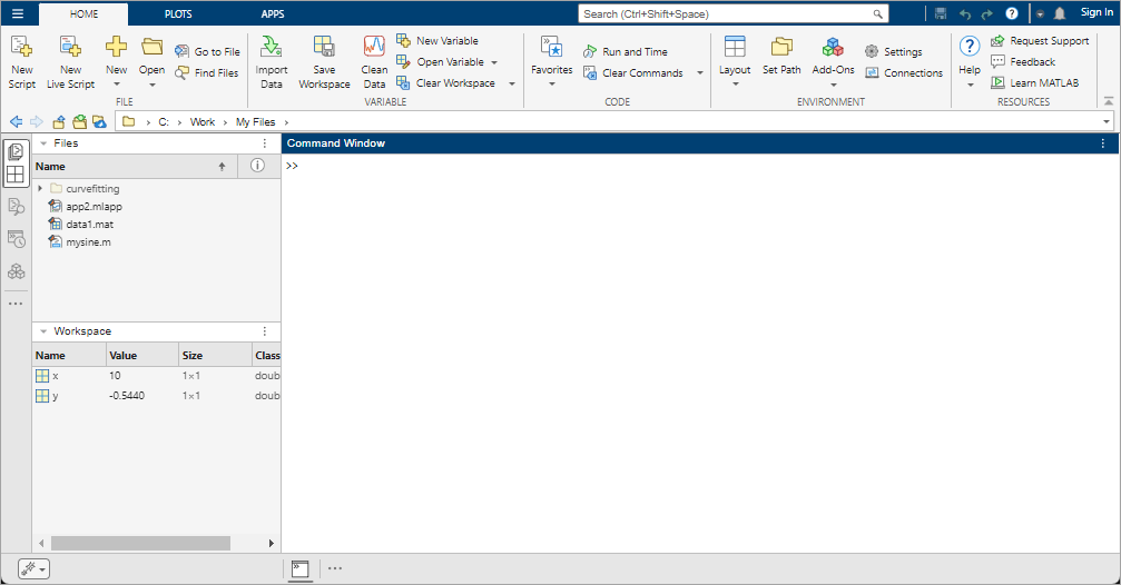 MATLAB desktop in R2025a. The left sidebar shows five panel icons, two of which are grouped together and enabled. The bottom sidebar shows one panel icon for the Command Window. The Command Window is open above the bottom sidebar. The Files panel and the Workspace panel are open on the left side of the desktop.