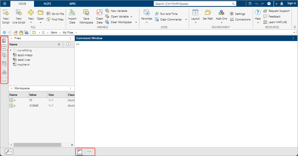 MATLAB Online desktop with two tool icons grouped together in the left sidebar. The Files panel and the Workspace panel are open on the left side of the desktop.