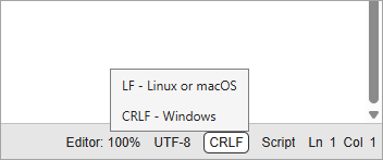 Bottom-right corner of the MATLAB desktop showing the end of line sequence indicator with the current value set to CRLF. The expanded menu displays two options: LF (for Linux or macOS) and CRLF (for Windows).