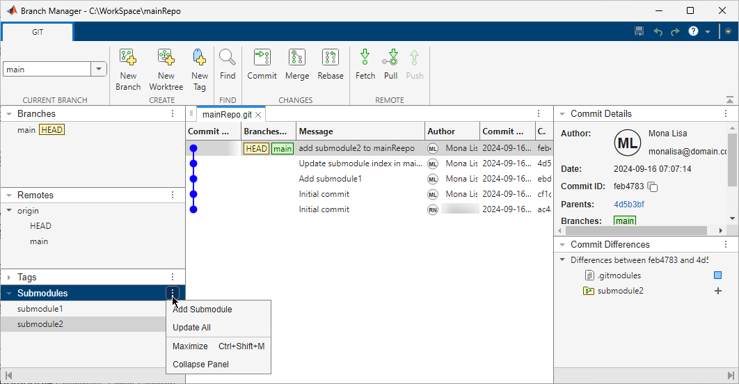 The mouse cursor expanding the Submodules actions button in the left pane of the Branch Manager