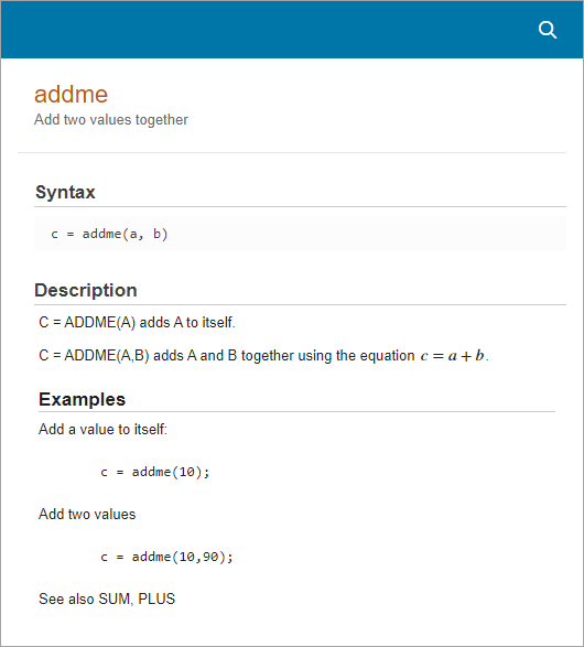addme live function documentation with formatted help text, including a formatted equation, a heading, and code examples