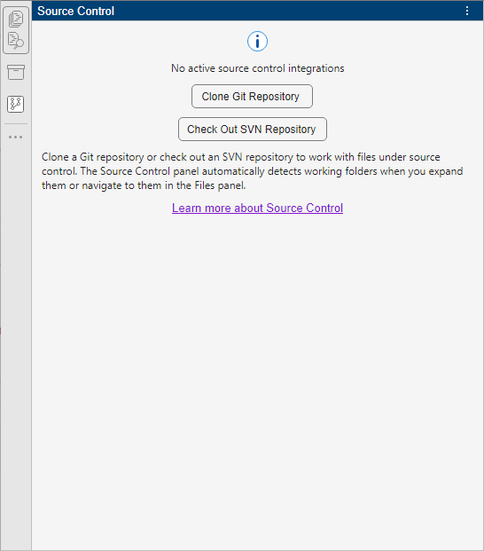 Source Control panel with no active source control integrations shows the Clone Git Repository and Check Out SVN Repository buttons and a help link.