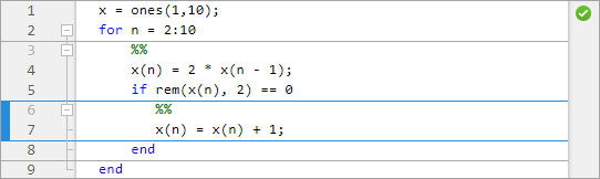 File open in the Editor with the selected section spanning from line six to line eight, and section breaks at line three and nine