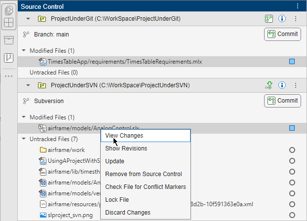 The Source Control panel shows two working folders, one under Git and the one under SVN source control.