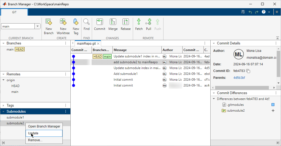 Context menu in the Submodules section of the Branch Manager lists the options with the pointer on Update.
