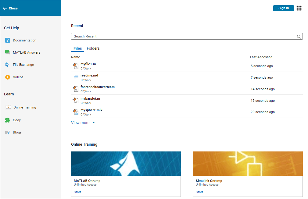 MATLAB Home page with a Recent section containing a search box for searching recent files and folders and a list of five recent files, as well as an Online Training section containing two online training courses. The left pane contains links to additional resources, such as documentation, MATLAB Answers, and blogs.