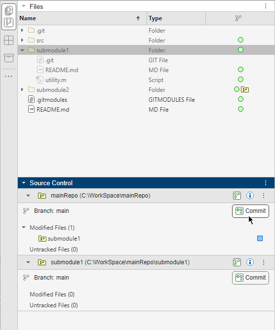 The main repository in the Source Control panel lists the submodule in the Modified Files section.