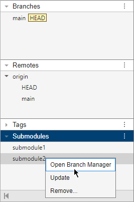 Submodules section in the left pane of the Branch Manager shows a context menu with the pointer on the Open Branch Manager option.