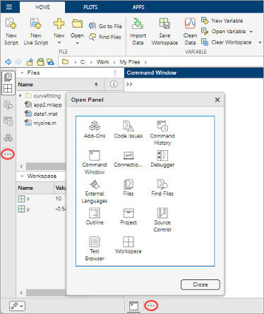 MATLAB Online desktop with the Open more panels buttons circled in the left and bottom sidebars. The Open Panel dialog box shows the available panels: Code Issues, Command History, Command Window, Debugger, Files, Find Files, Source Control, and Workspace.