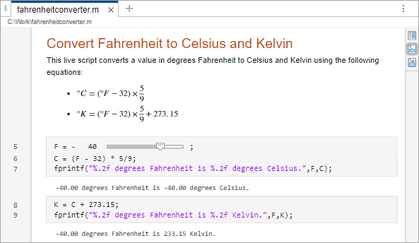 Live script with a .m file extension in the Live Editor. The live script contains formatted text, code, and output.
