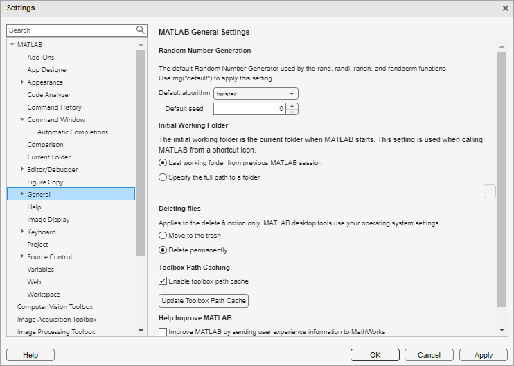 Settings window displaying the MATLAB General Settings page