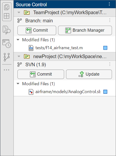 Source Control panel showing two repositories. The first repository is under Git source control and the second is under SVN source control.