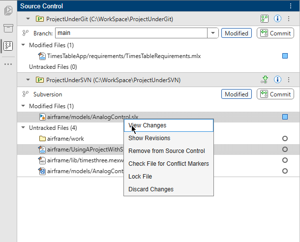 The Source Control panel shows two working folders, one under SVN and the other one under Git source control.