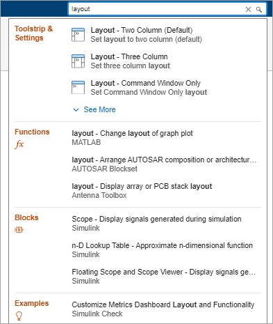 Search box containing the word layout and a list of search results including toolstrip actions, functions, blocks, and examples