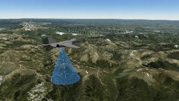 Fixed-wing aircraft flying over mountainous terrain, with a cone representing the radar altimeter beam measuring the height of the aircraft above the ground.