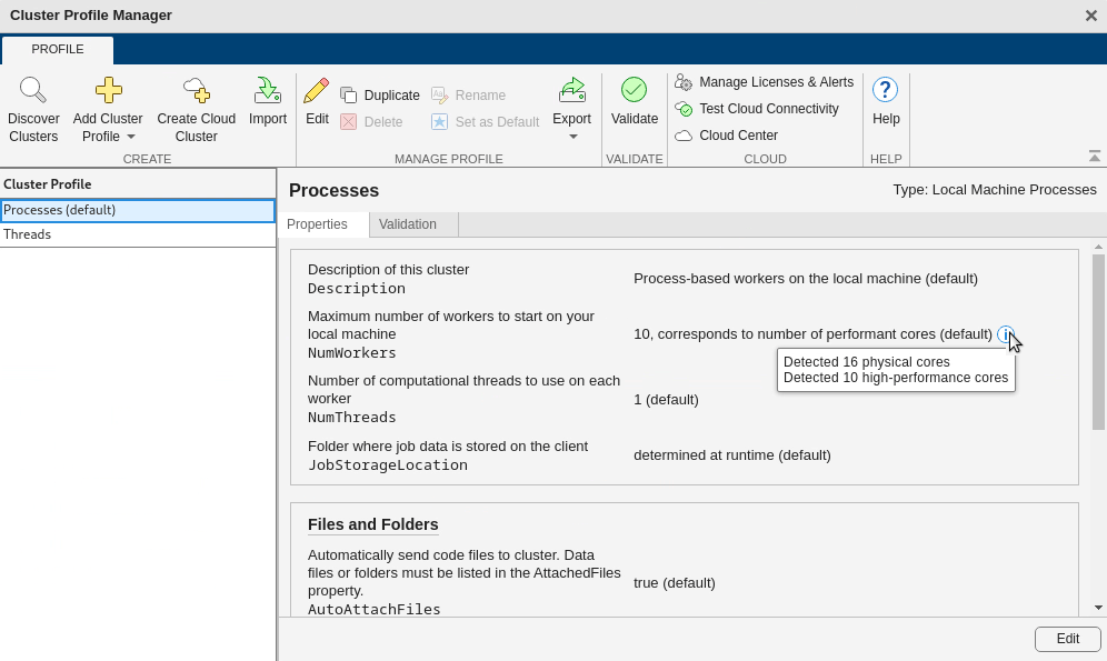 The Cluster Profile Manager shows the Processes profile, with an information box next to the NumWorkers property value that displays "Detected 16 physical cores. Detected 10 high-performance cores."
