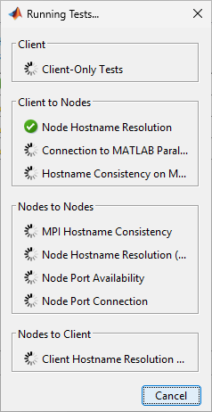 R2026a Admin Center Running Tests dialog box with four test sections: Client, Client to Nodes, Nodes to Nodes, and Nodes to Client, showing multiple connectivity checks in each section.