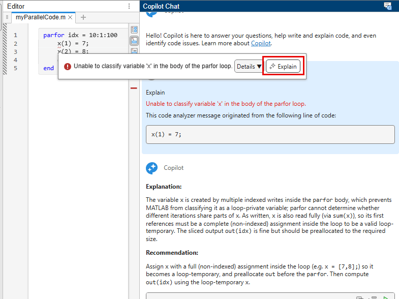 myParallelCode file in the MATLAB Editor. The Code Analyzer message displays the error "Line 2: Unable to classify the variable 'x' in the body of the parfor loop." and Detail and Explain buttons