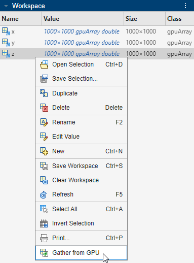 Context menu for a GPU array variable in the workspace with the pointer on the Gather from GPU option