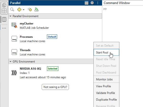The Parallel panel in the MATLAB desktop sidebar, showing the default cluster profile, cluster management options, and GPU environment.