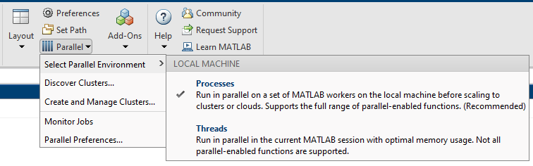 Local machine Processes and Threads environments available to select.