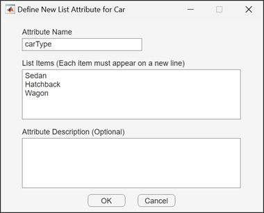 Sample List attribute with "Attribute Name" set to carType and list items Sedan, Hatchback, and Wagon