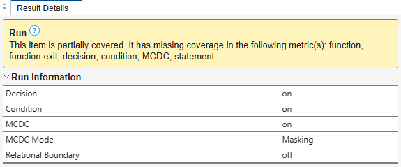 The Result Details pane shows that decision, condition and MCDC coverage were enabled.