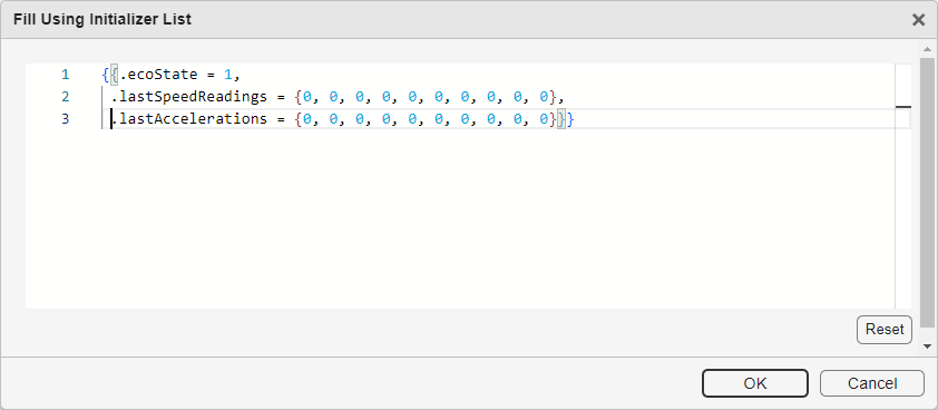 Dialog box showing initializer list populated with default values.